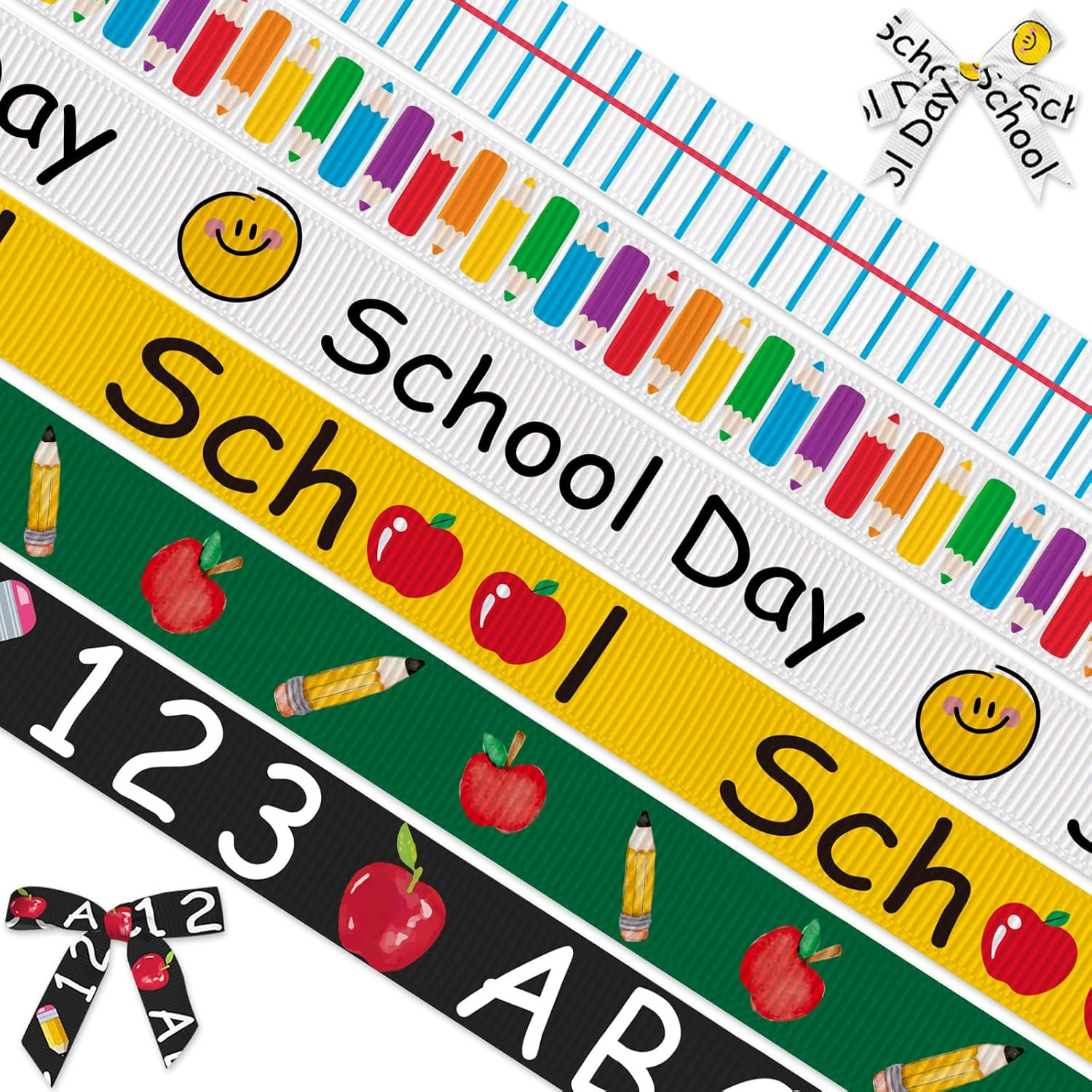 Threetols 6 Rolls 18 Yards Back to School Ribbons, 3/8" School Day Grosgrain Black Green Yellow Apple Pencil ABC Gift Wrapping for Teacher Kindergarten Party Supply | Amazon (US)