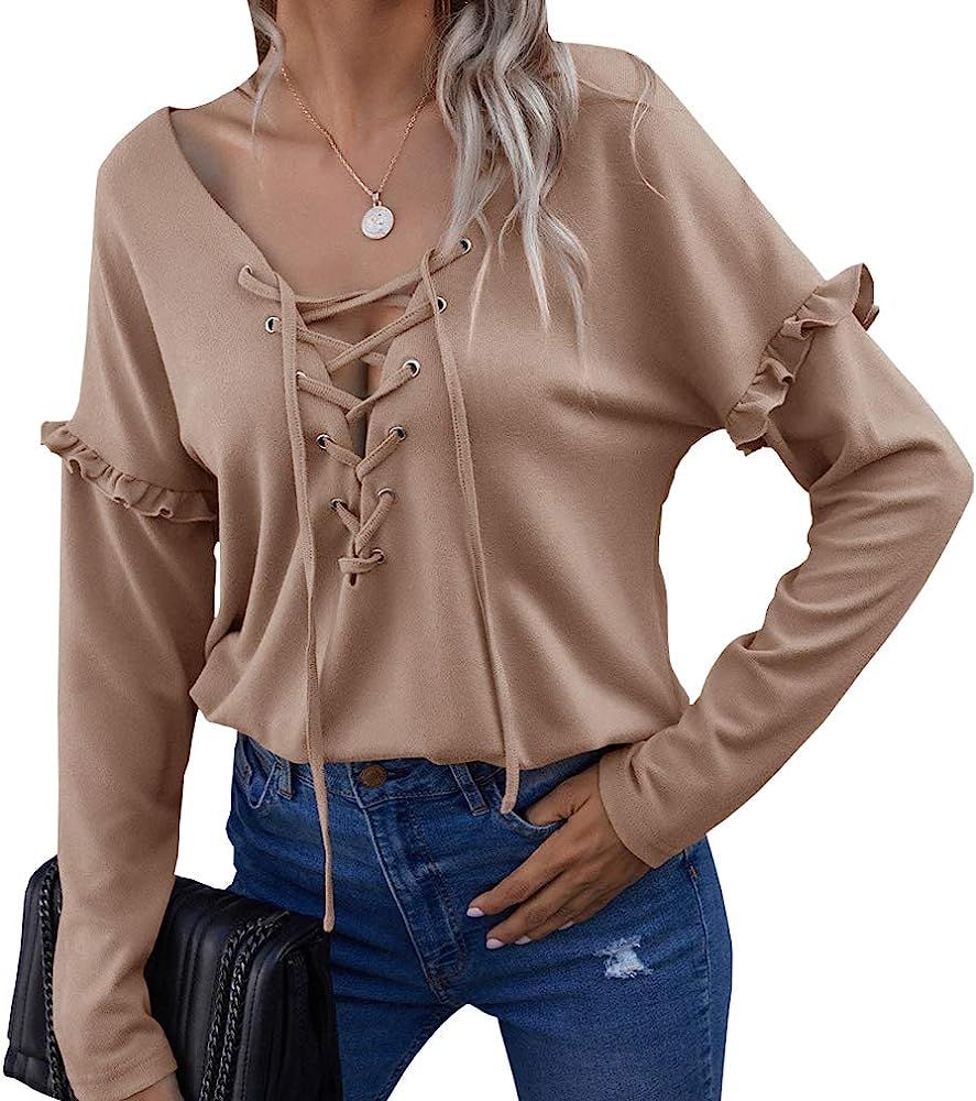 MOLFROA Women's Lace Up V-Neck Ruffle Long Sleeve Blouse T-Shirts | Amazon (US)