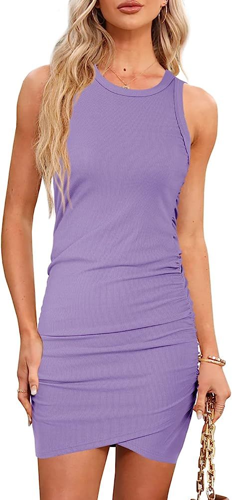 Wenrine Women Casual Crew Neck Ruched Bodycon Dress Sleeveless Wrap Front Ribbed Knit Party Club ... | Amazon (US)