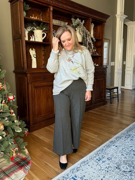 Easy office casual with this oversized embroidered sweater. I’m wearing an XL

Pants and blouse size 2.0
Shoes are beautiful. Block heel. Pearl embellishments. Tts  

#LTKover40 #LTKfindsunder100 #LTKsalealert