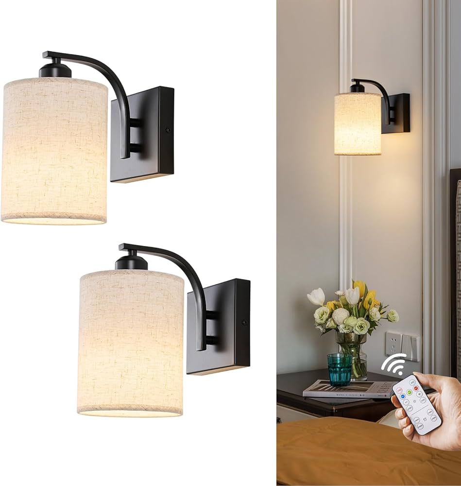 Black Rechargeable Battery Operated Wall Sconces Set of 2 with Remote, Wireless Dimmable Battery ... | Amazon (US)