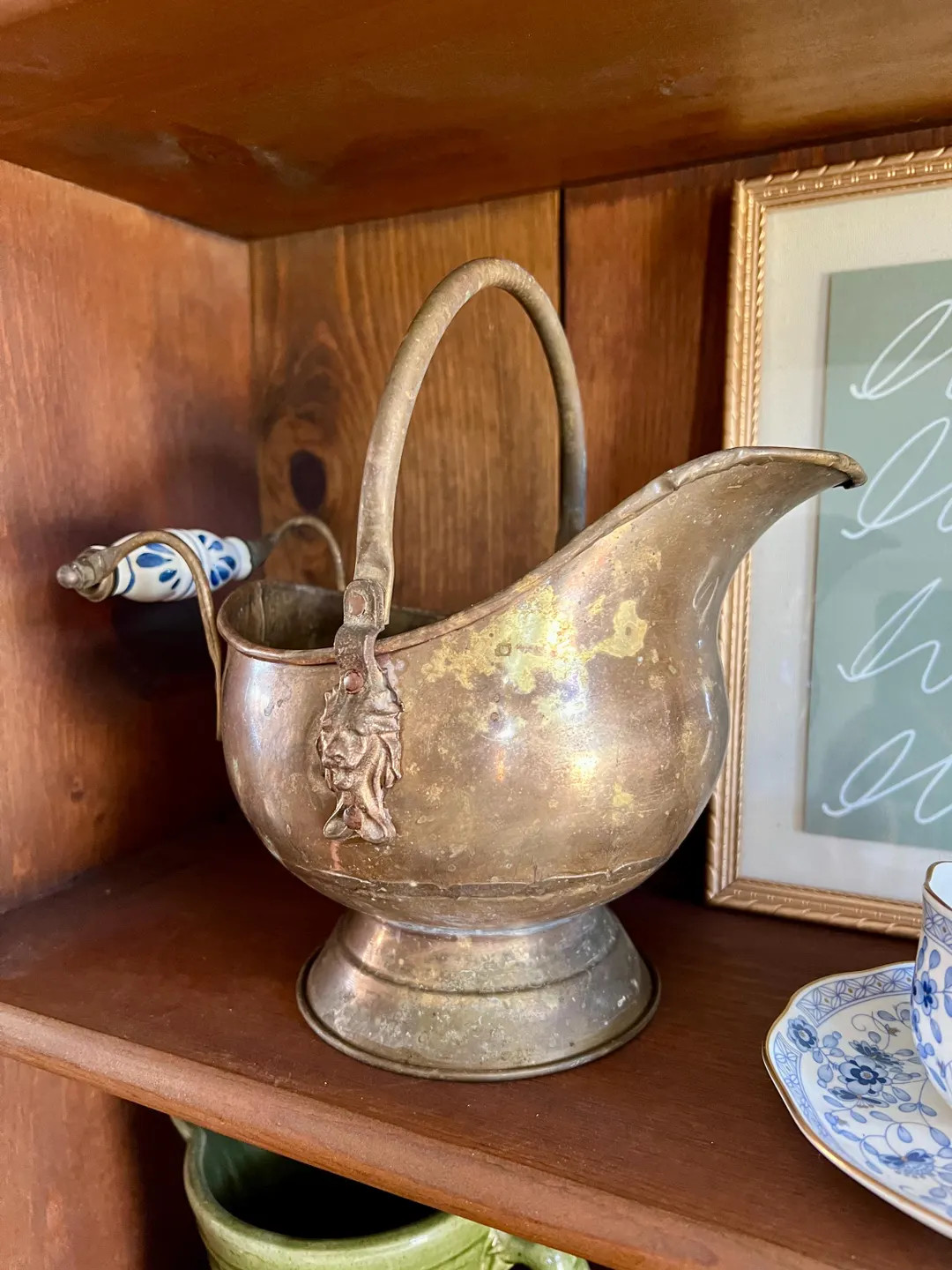 Vintage Copper Coal Scuttle Bucket with Lion Head Accents, Blue Porcelain Handle | Etsy (US)