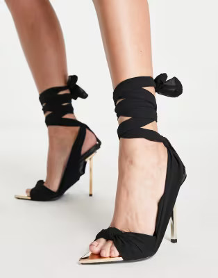 Public Desire Huni ribbon tie wrap around sandals in black | ASOS (Global)