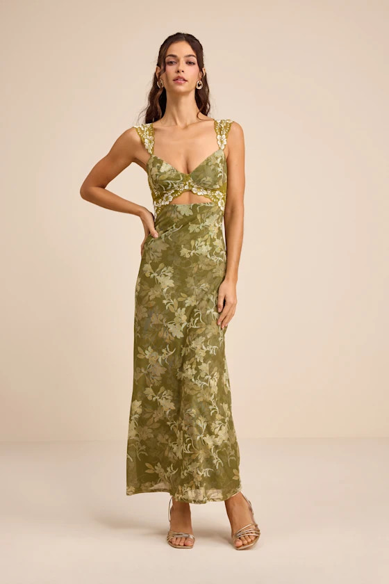 Endlessly Cute Green Floral Mesh Cutout Lace Bustier Maxi Dress | Lulus