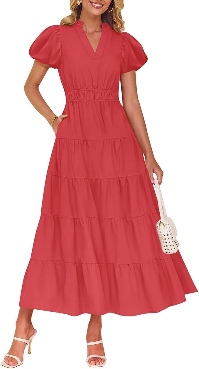 ZESICA Women's Summer Casual Maxi Dress 2025 Puff Short Sleeve V Neck Ruffle Tiered Flowy Boho Be... | Amazon (US)