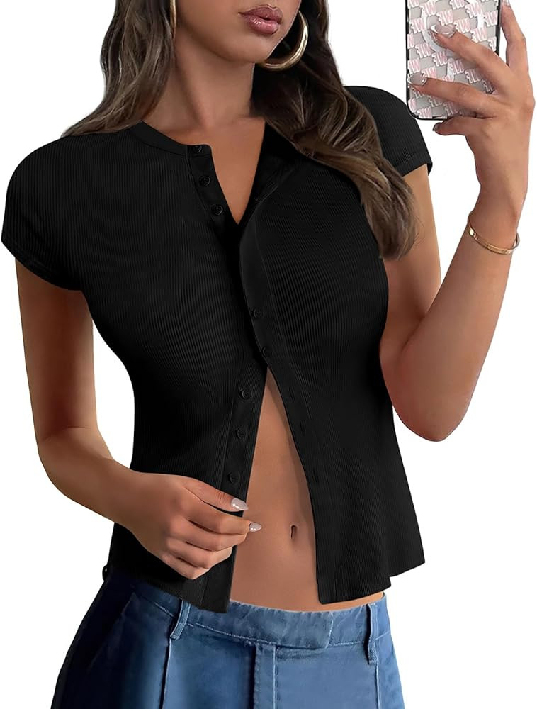 PRETTYGARDEN Women's Short Sleeve Summer Tops 2025 Trendy Ribbed Knit Button Up Tight Basic Tees ... | Amazon (US)