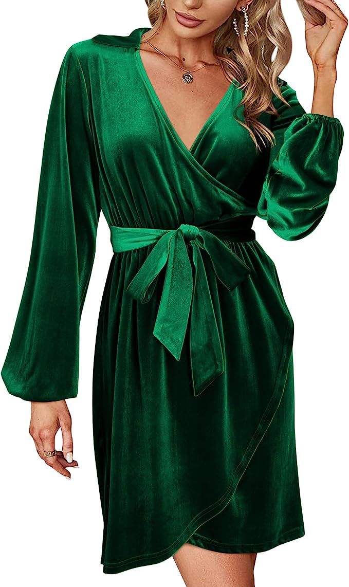 ULTRANICE Women’s Long Sleeve Faux Wrap V Neck Velvet Cocktail Dress Tie Waist Party Club Dress | Amazon (US)