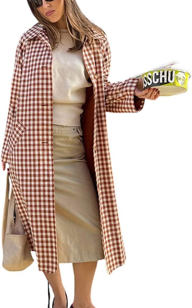 chouyatou Women's 2025 Fall Plaid Long Trench Coat Single Breasted Casual Barn Jacket Outerwear O... | Amazon (US)