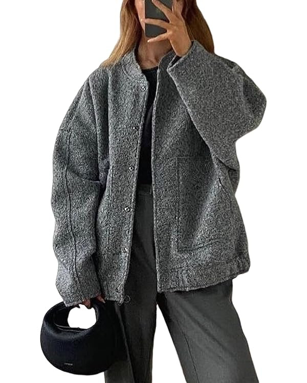 UANEO Women Bomber Jacket Casual Oversized Wool Blend Varsity Fall Jackets Shacket Outwear | Amazon (US)