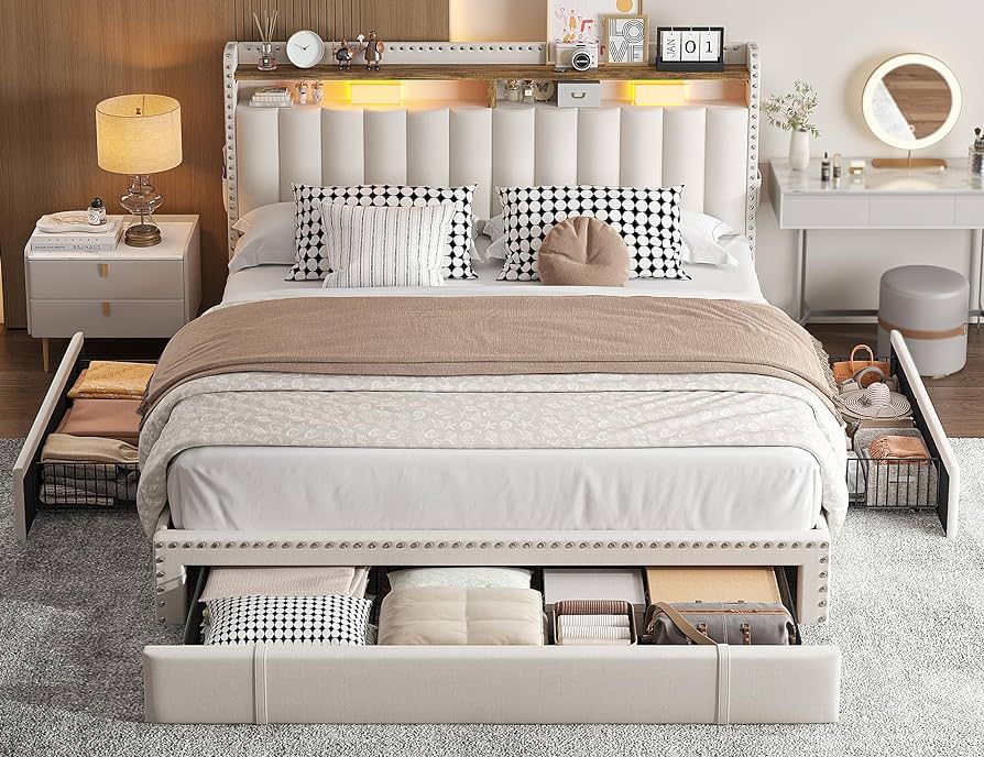 EnHomee Queen Bed Frame 2-Tier Storage Headboard,Upholstered Platform Bed Frame Queen Size with 3 Drawers,Queen Size Bed Frame with Storage,Heavy Duty Wood Slats Support,No-Noise, Easy Assembly,Beige | Amazon (US)