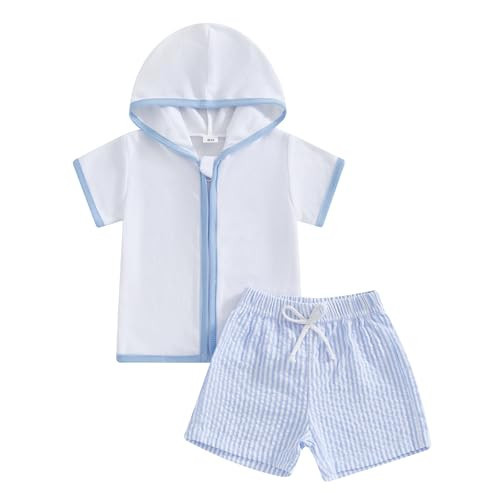 Mobbdow Toddler Baby Boy Girl Swim Cover Up Towel Terry Zipper Hooded Tops Seersucker Shorts Set Beach Bathing Suit Coverup (Blue, 12-18 Months) | Amazon (US)