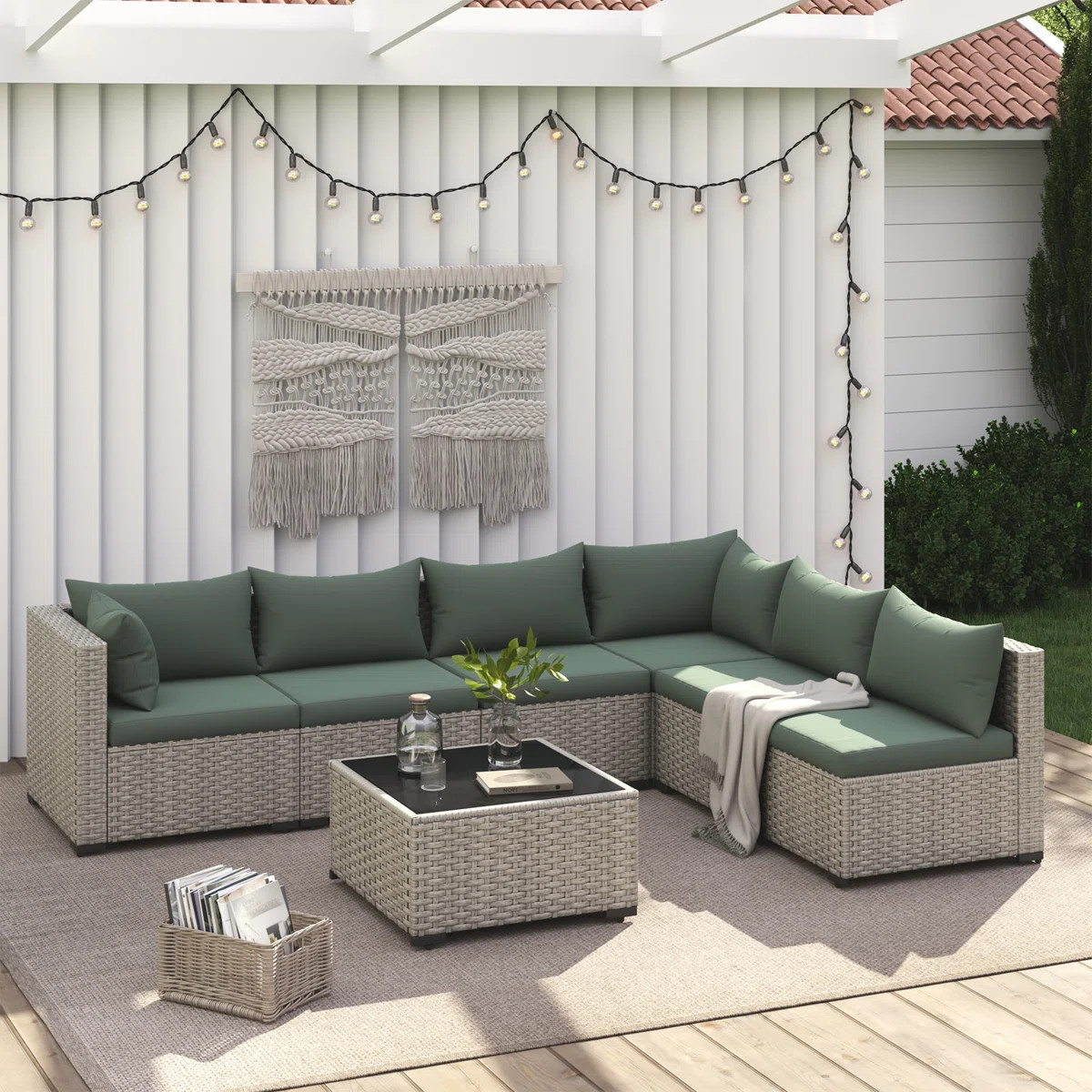6-Person All-Weather Rattan Sofa Set, Outdoor Seating Group with Cushions & Glass Table | Wayfair North America