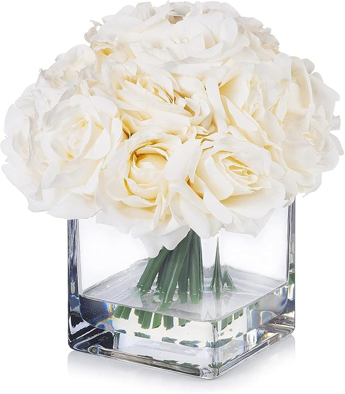 Enova Floral 18 Pieces Artificial Silk Roses Fake Flower Arrangement in Cube Glass Vase with Faux... | Amazon (US)