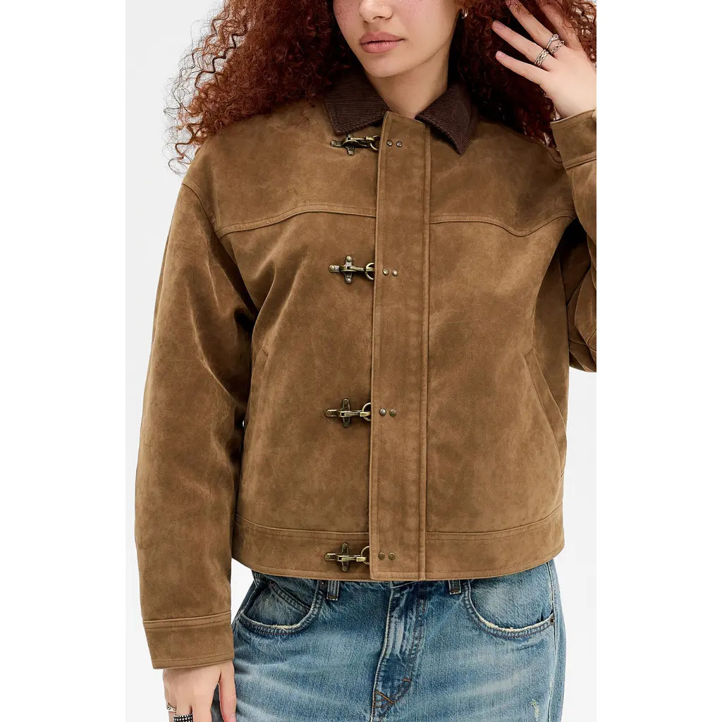 BDG Urban Outfitters Clasp Faux Suede Jacket in Brown at Nordstrom, Size Large | Nordstrom