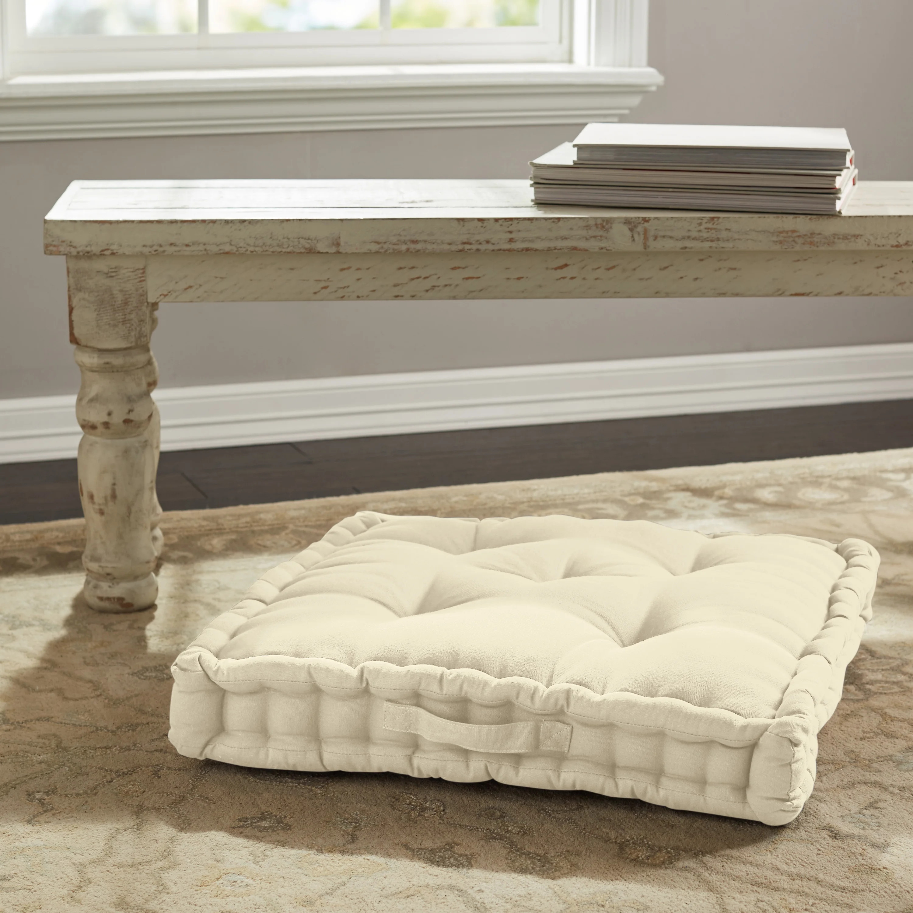 Better Homes & Gardens Cotton Canvas Tufted Square Floor Cushion, Cream | Walmart (US)