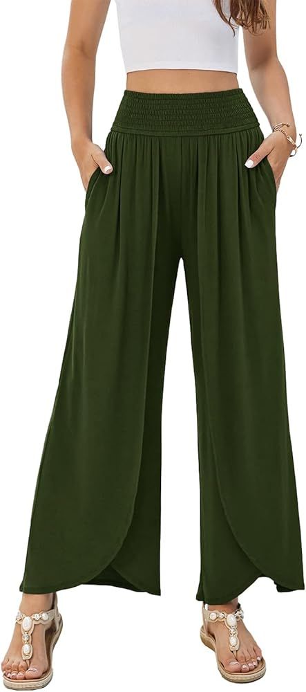 DAOMUMEN Womens Wide Leg Pants Casual High Waisted Palazzo Pant Flowy Long Trousers with Pockets | Amazon (US)