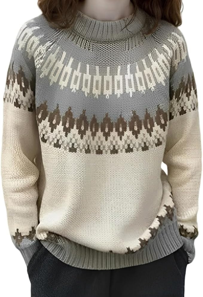 Womens Fall Vintage Fair Isle Sweater Casual Loose Long Sleeve Crewneck Knitted Pullover Sweater ... | Amazon (US)