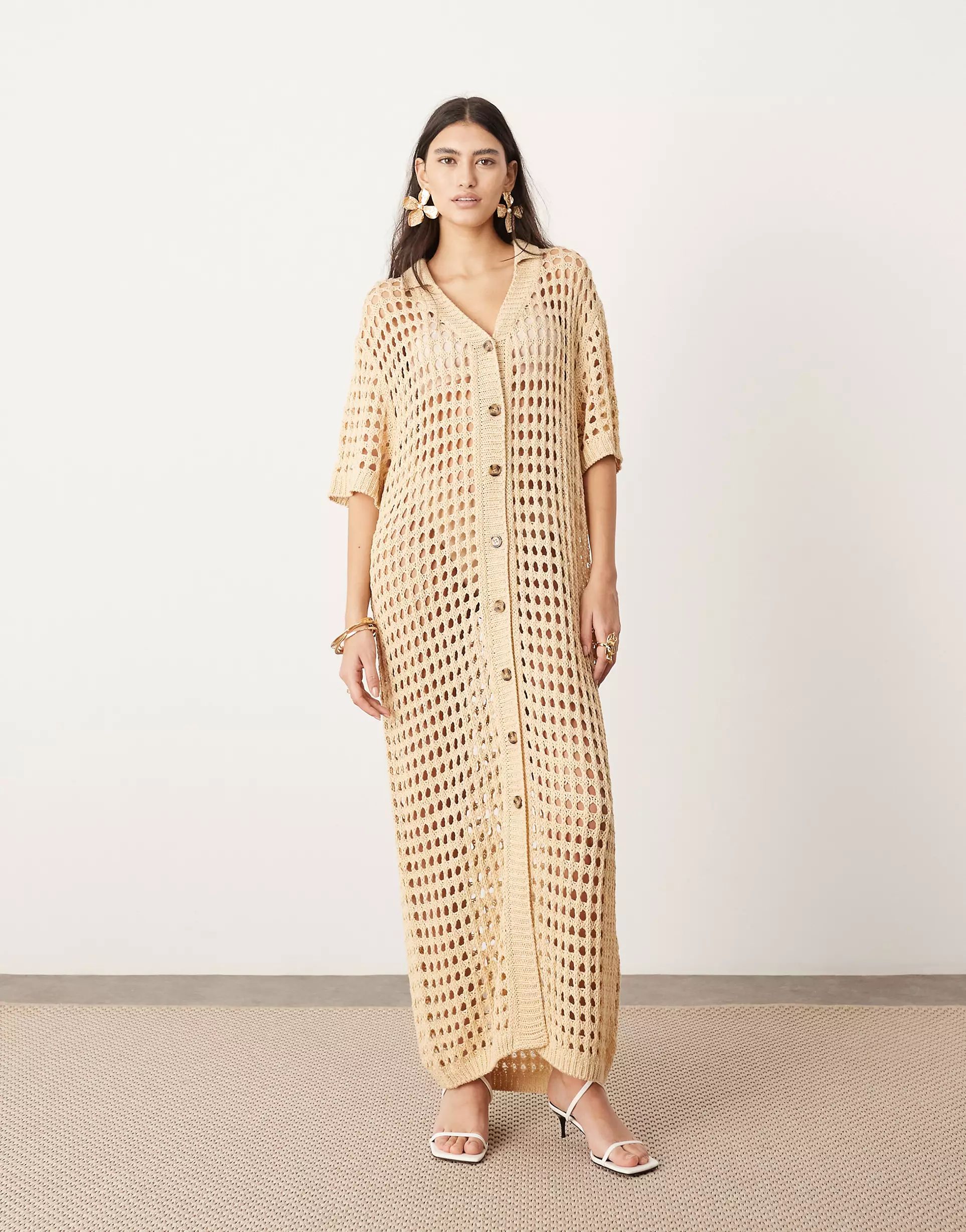ASOS EDITION knitted button through maxi dress in stone | ASOS (Global)