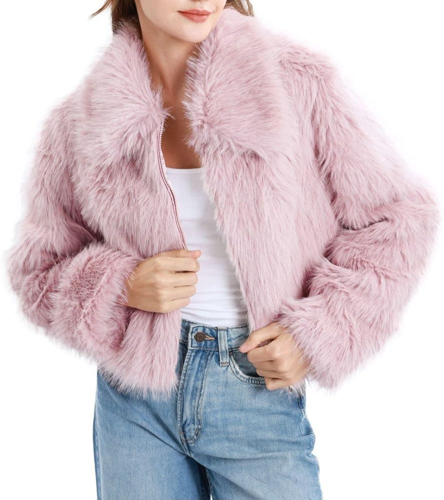 Amazhiyu Womens Faux Fur Zip-Up Cropped Jacket Long Sleeve Warm Winter Coat | Amazon (US)