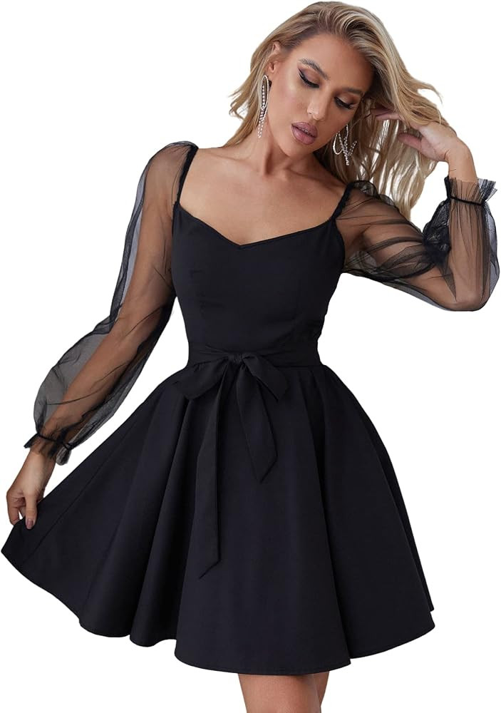 WDIRARA Women's V Neck Mesh Bishop Long Sleeve Ruffle Hem Belted Dress | Amazon (US)