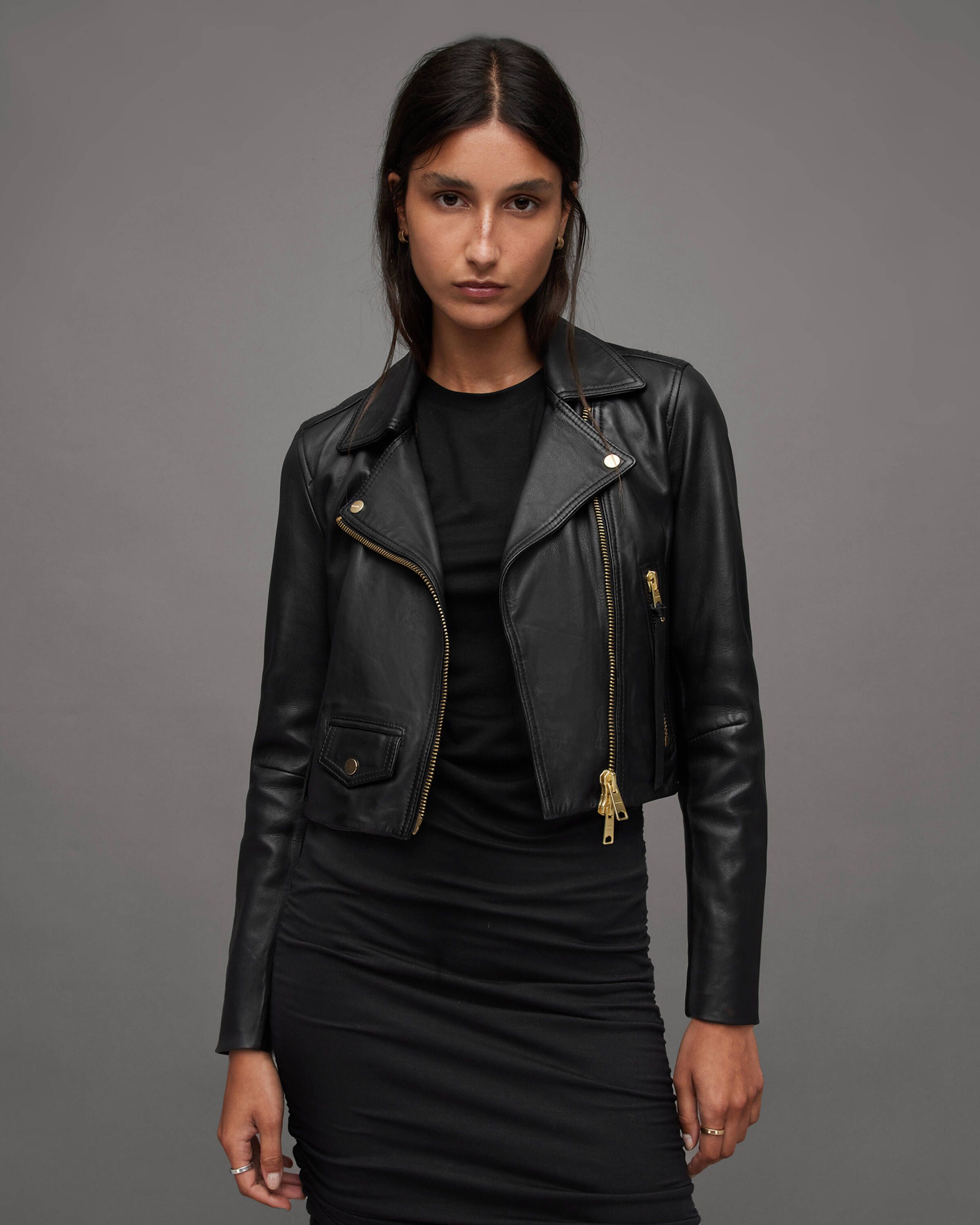 Elora Cropped Leather Biker Jacket Black | ALLSAINTS US | AllSaints US