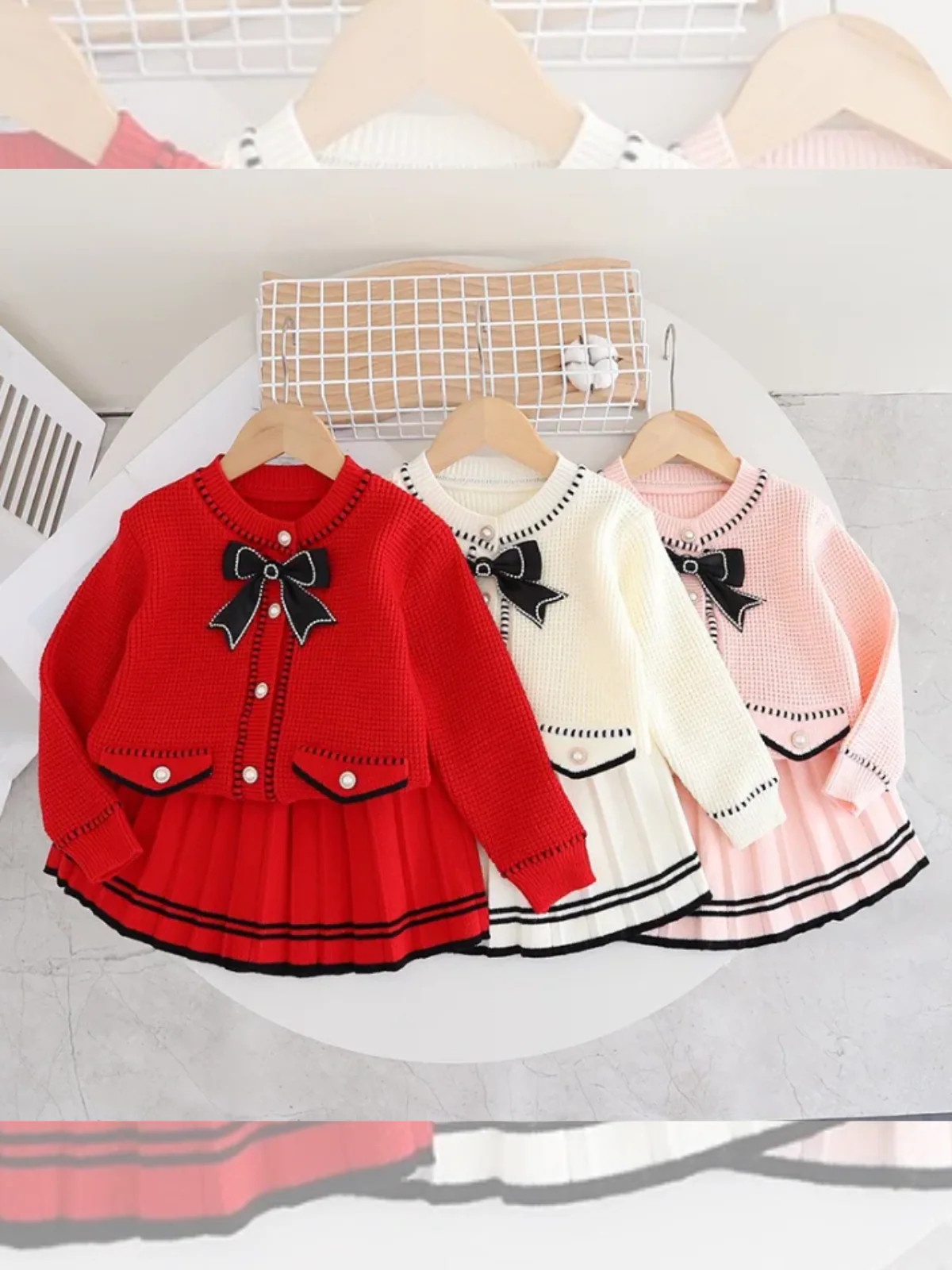 Classic Girls' Knit Cardigan and Skirt Set with Ribbon Bow | Mia Belle Girls