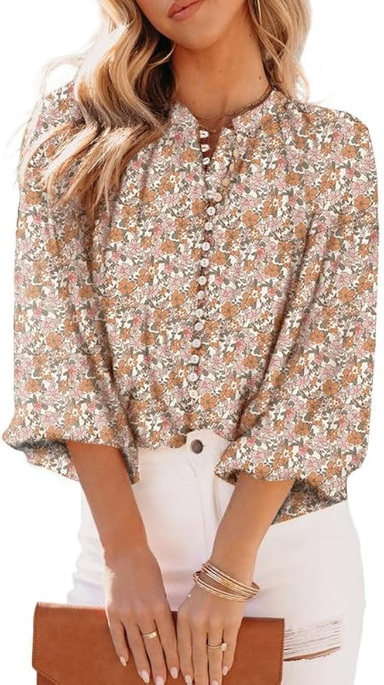 SHEWIN Women's Tops Casual V Neck Lantern Long Sleeve Boho Floral Print Button Down Shirts Chiffo... | Amazon (US)