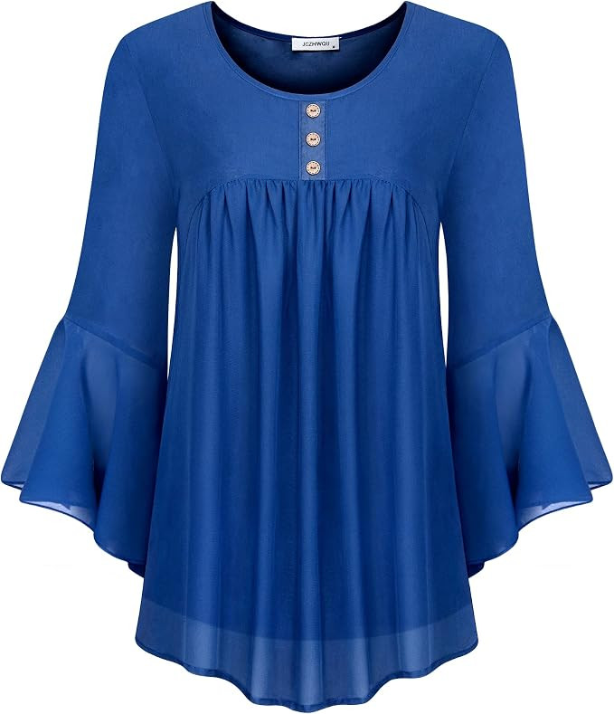 JCZHWQU Women's Cute V Neck 3/4 Bell Sleeve Pleated Front Chiffon Blouse | Amazon (US)