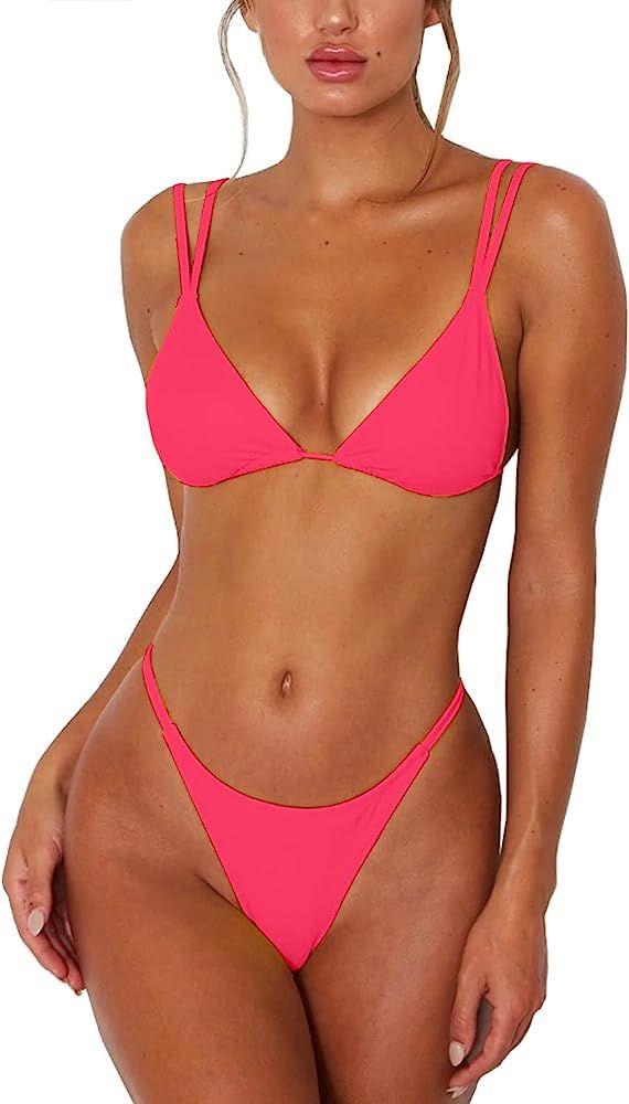 ForBeautyShe Women's Sexy Thong Bottom Two Piece Bikini Double Shoulder Straps Cute Swimsuit Tria... | Amazon (US)