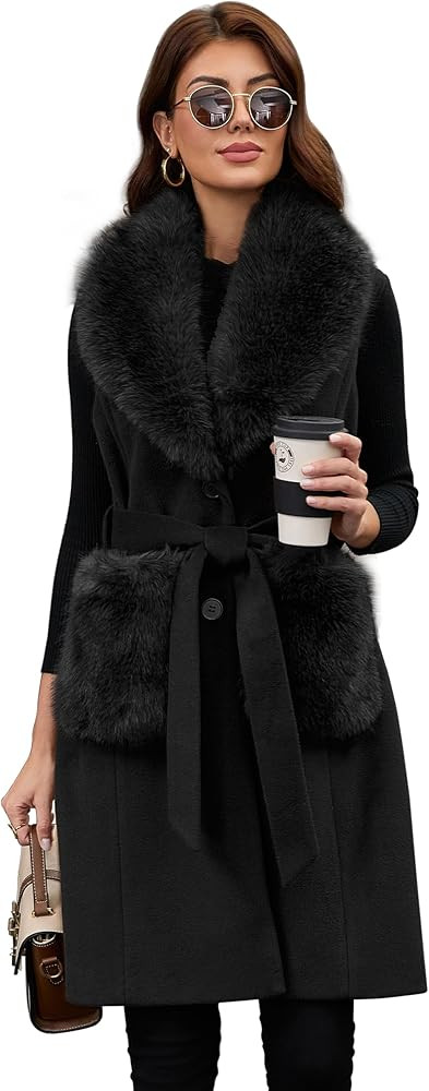 PAPILLON D'OR WEAR YOUR WINGS Women's Long Wool Vest with Belt & Detachable Faux Fur Collar&Pocke... | Amazon (US)