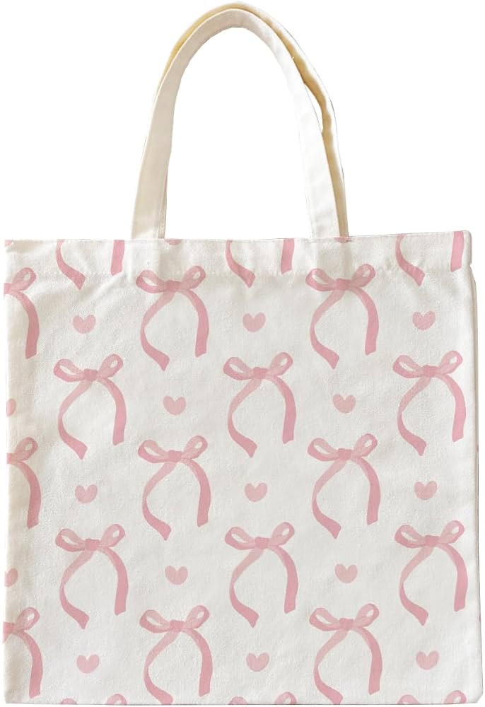 Preppy Pink Bows Pattern Canvas Tote Bag Aesthetic, Trendy Tote Bag, Preppy Trendy Gifts for Wome... | Amazon (US)