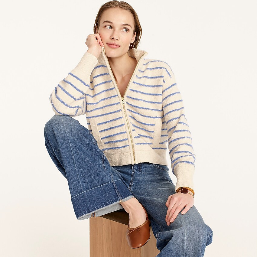 Zip-up cotton bouclé sweater in stripe | J. Crew US