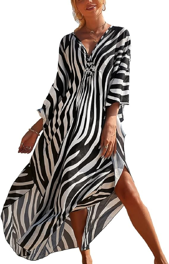 Bsubseach Oversized Plus Size Beach Kaftan Dresses for Women Print V-Neck Long Swimsuit Cover Ups... | Amazon (US)