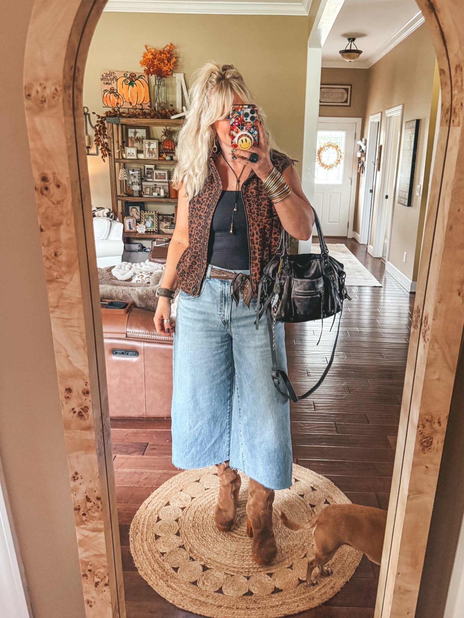 My church fit! ♥️
Love this leopard print vest! I’m wearing a medium in it. 
This tank is perfect for layering and it’s also double lined and a medium. 
Jeans I cut and they are the super baggy barrel Levi’s. 
My boots I linked similar in because these are sold out :(