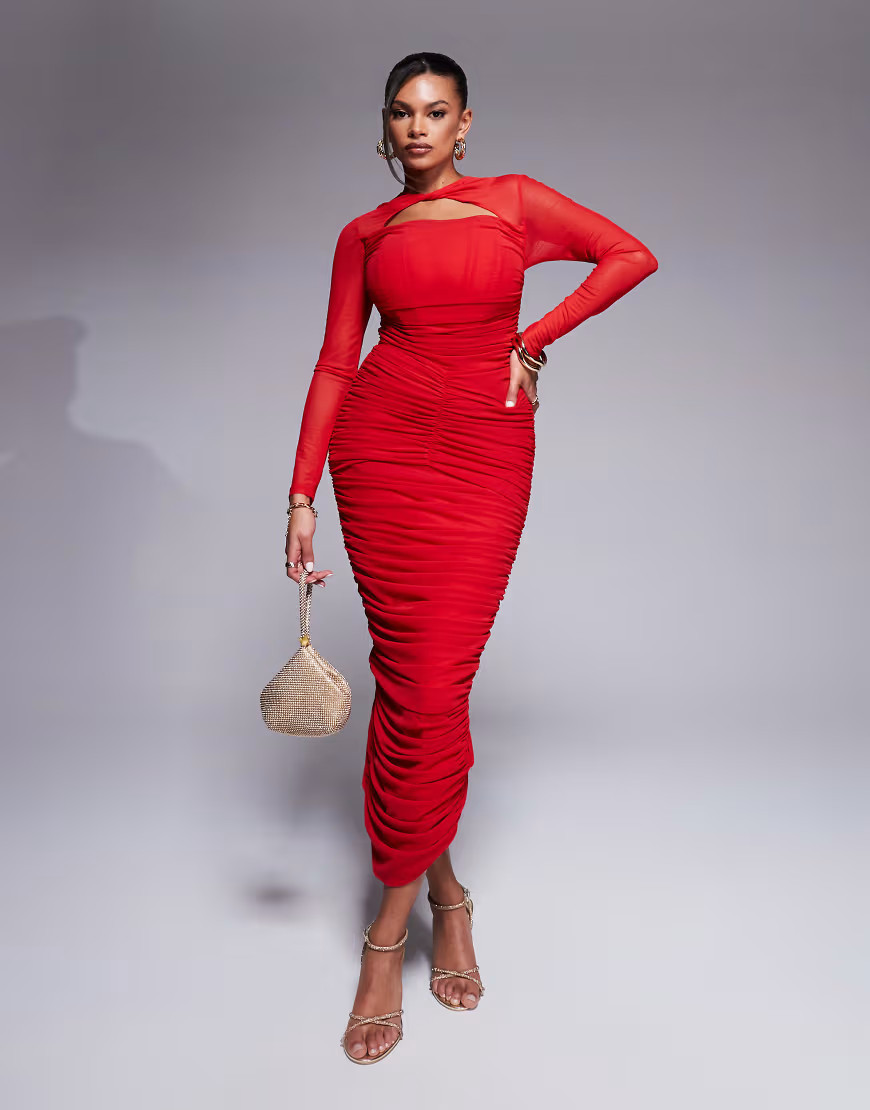 Taideux fuller bust Genevieve ruched mesh corset midaxi dress in red | ASOS (Global)