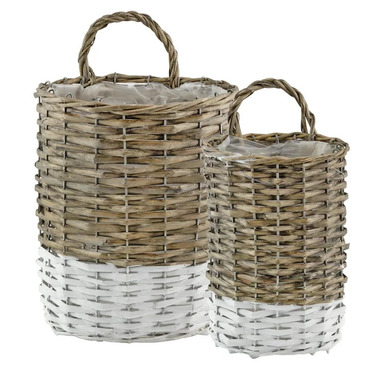 AuldHome Design Wall Hanging Baskets (Set of 2, Gray w/ White); Woven WIcker Rustic Farmhouse Two... | Walmart (US)