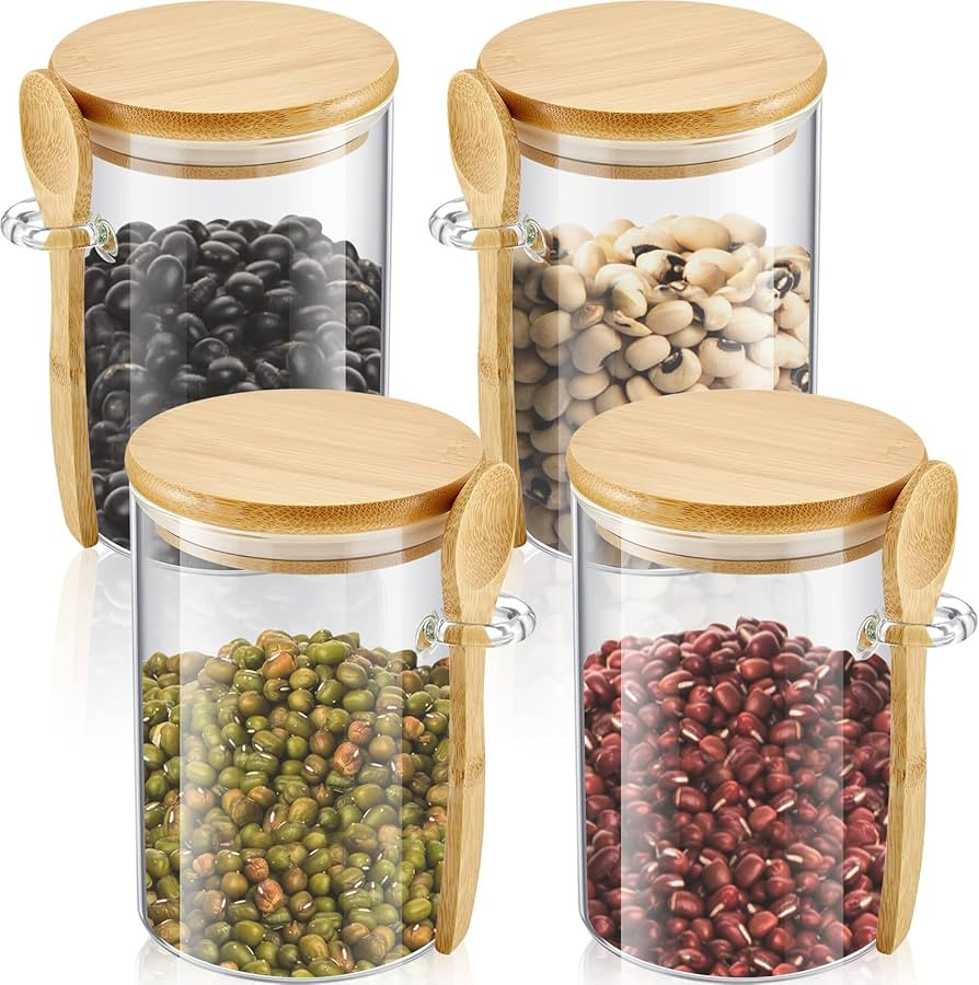 Set of 4 Airtight Glass Jars with Bamboo Lids and Spoons 17oz Glass Canisters Glass Jars Lid Seal... | Amazon (US)