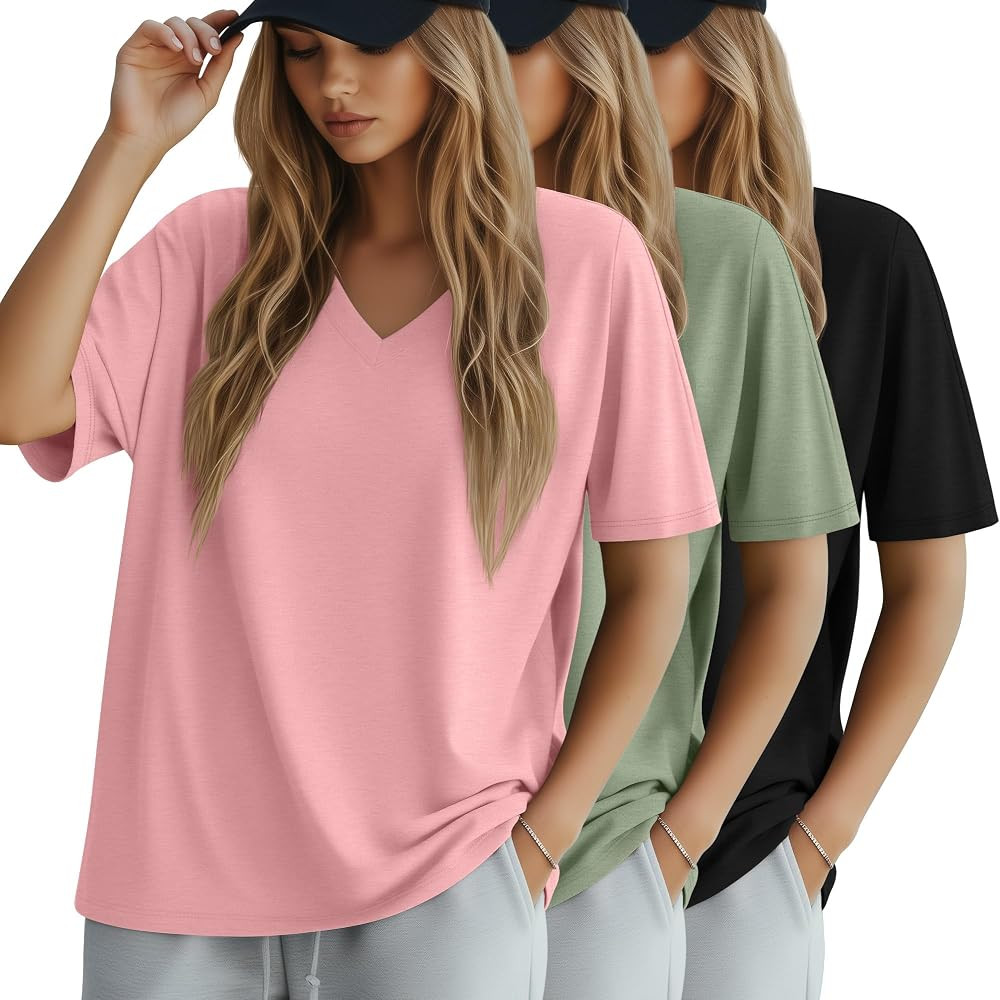 Huukeay 3 Pack Women's Oversized Cotton T-Shirts V Neck Loose Fit Casual Workout Tees Soft Short ... | Amazon (US)