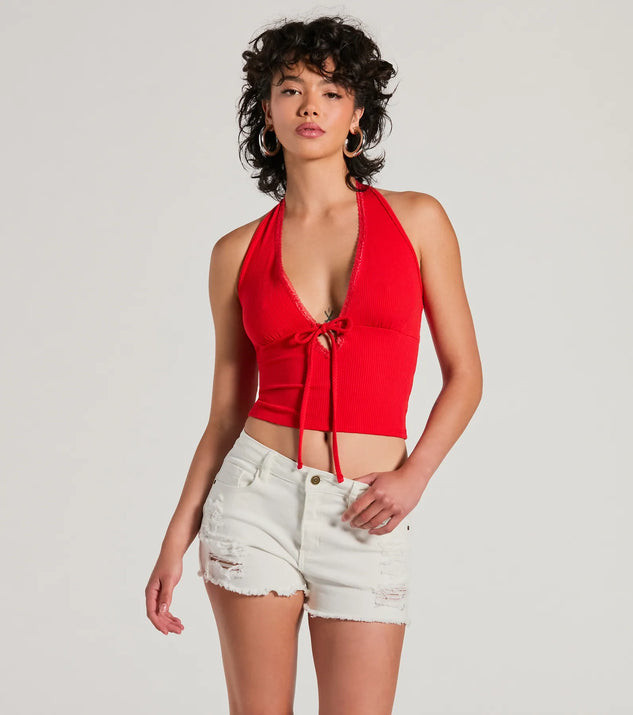 Mood For Love Lace Trim Halter Crop Top | Windsor Stores
