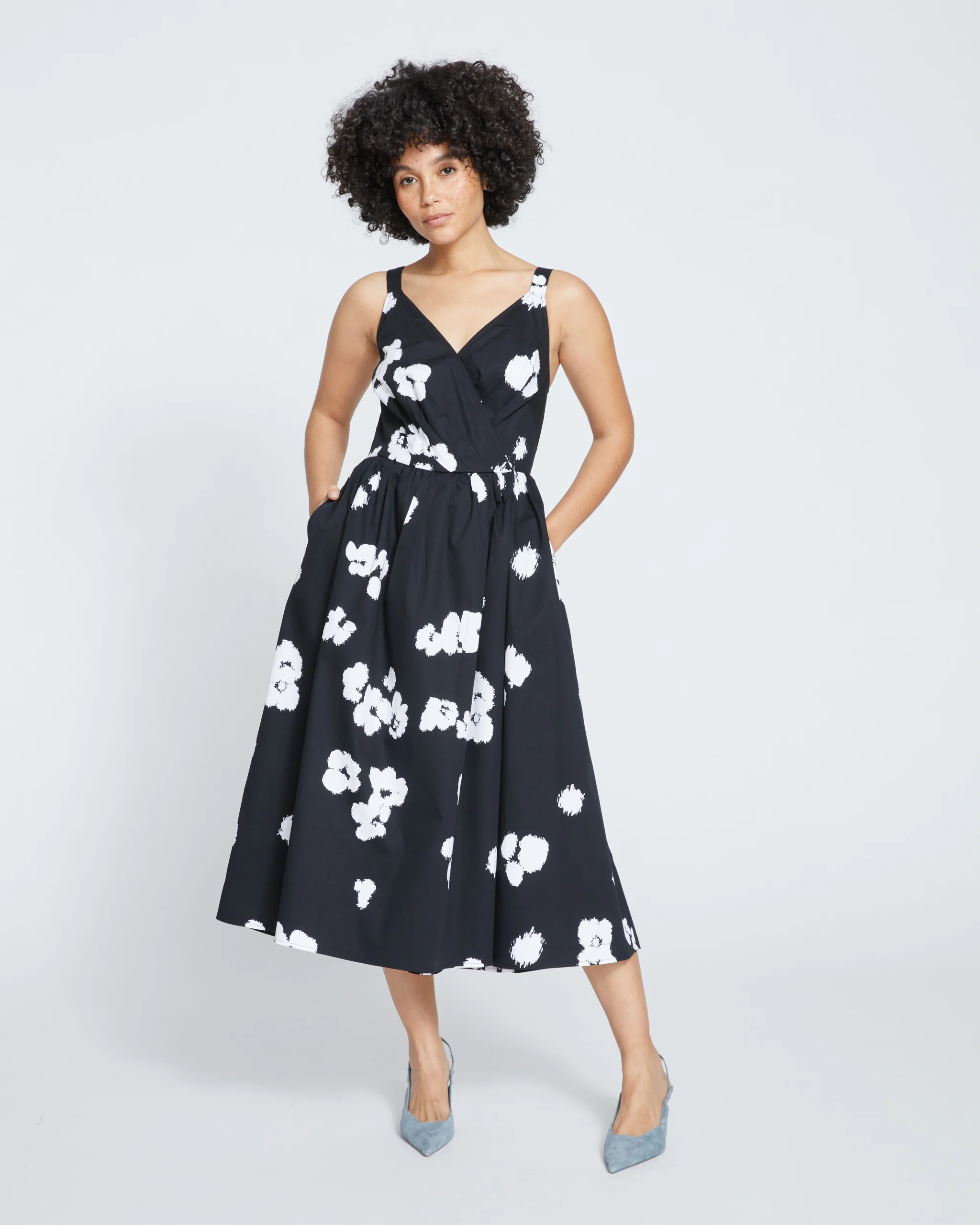 Bellport Sateen Crossover Dress
   Black With Painted Flowers | Universal Standard