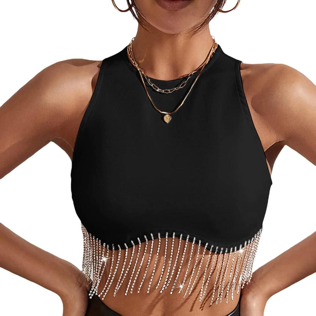 LOVHOT Women Rhinestone Tassel Crop Top Long Sleeve Crew Neck Diamond Fringe Ribbed Knit Vest Rhi... | Amazon (UK)