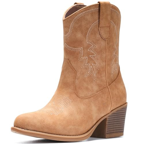 IXU Cowboy Boots for Women Ankle Cowgirl Booties Wide Mid Calf Pointed Toe Western Boots Short Chunky Classic Booties | Amazon (US)