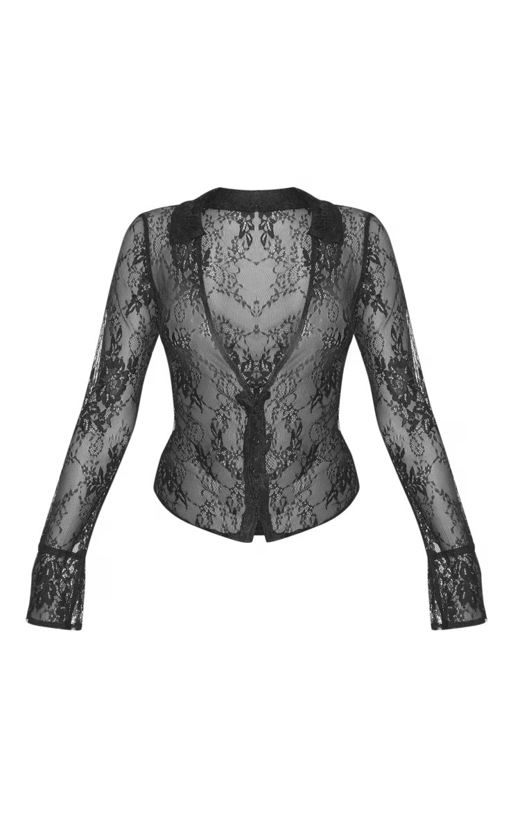 Black Sheer Lace Fitted Shirt | PrettyLittleThing US