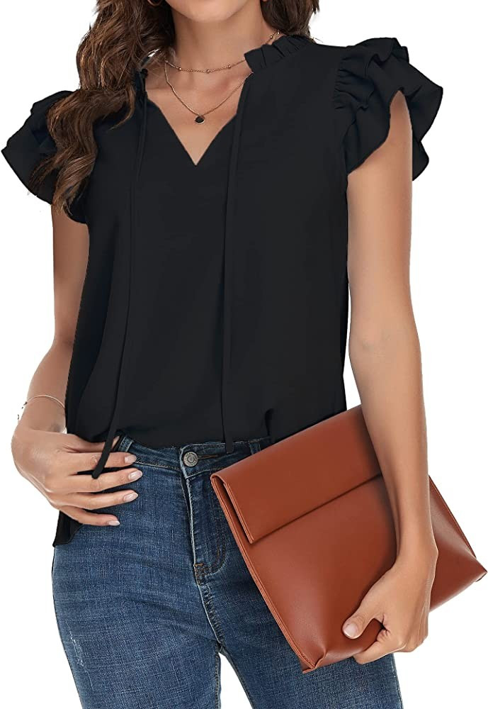 GOORY Women's Business Casual Blouses and Tops Basic Summer Shirts Tie V-Neck Ruffle Cap Sleeves ... | Amazon (US)