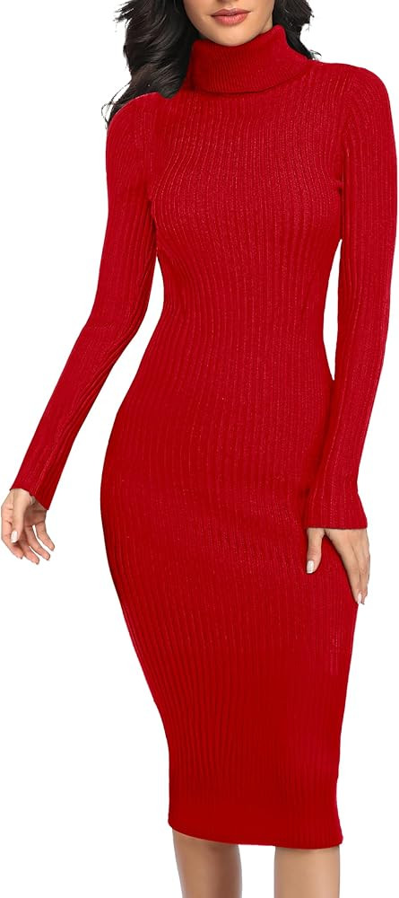 v28 Women Stretchable Knitted Long Sleeve Slim Fitted Ribbed Soft Sweater Dress | Amazon (US)
