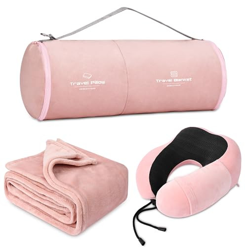 urnexttour Travel Pillow and Blanket Set Neck Pillow Airplane Memory Foam for Traveling Compact with Bag Pink | Amazon (US)