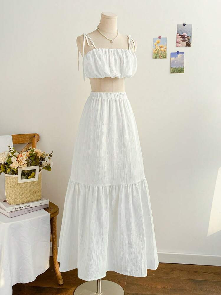 Soleia 2pcs/Set Women Casual Solid Color Cropped Camisole And Maxi Skirt, For Holiday | SHEIN