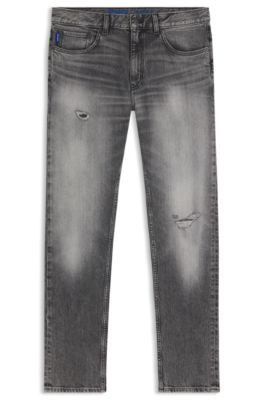 HUGO Grey slim-fit jeans in distressed denim - Grey Men's Jeans size 33/32 | Hugo Boss (US)