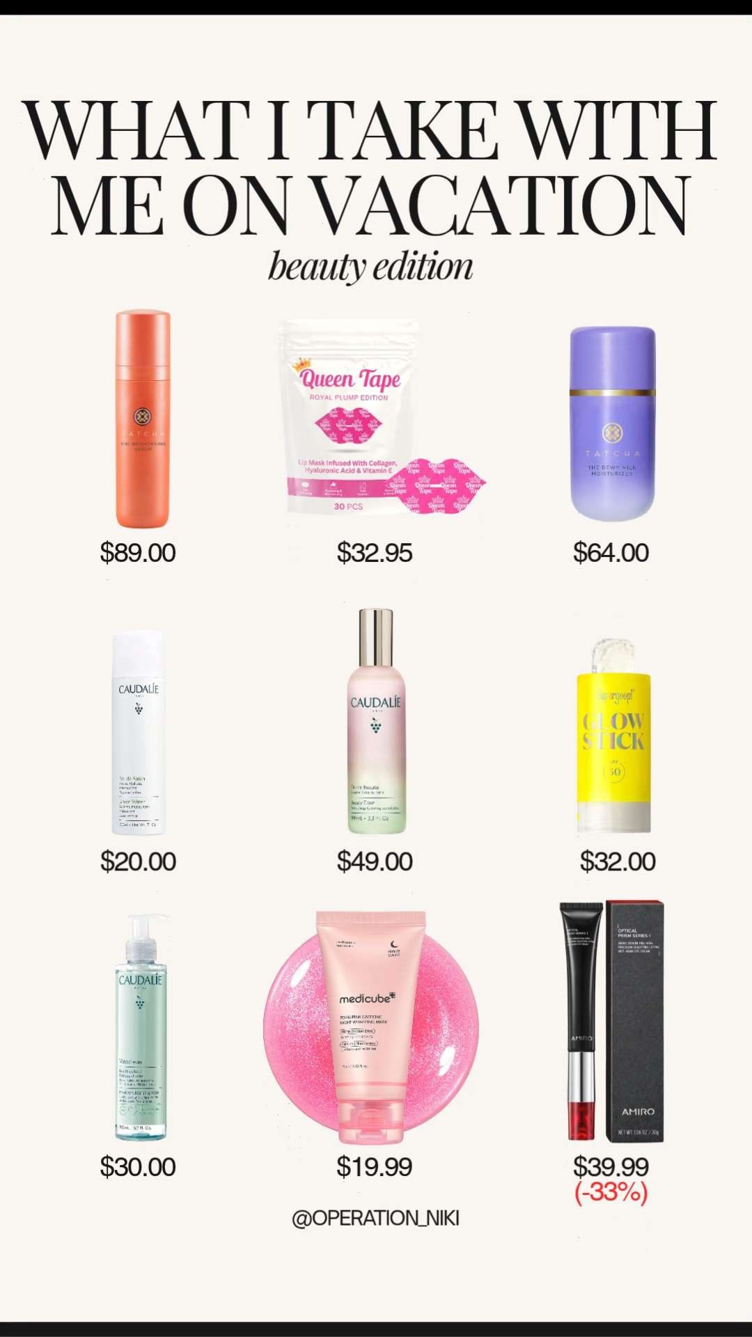 These are the beauty essentials I always pack to stay fresh, hydrated, and put together while traveling. Lightweight, space saving, and perfect for on the go routines so I never skip self care even on vacation 🌴🧴 Follow for more @OPERATION_NIKI on IG, TikTok, & Facebook #vacationbeauty #travelbeauty #beautyessentials #travelmusthaves #amazonbeauty #beautyroutine #packingessentials #ontheroad #beautyonthego #operationniki #LTKFindsUnder100

#LTKselfcare #LTKmorningroutine #LTKBeauty #LTKTravel