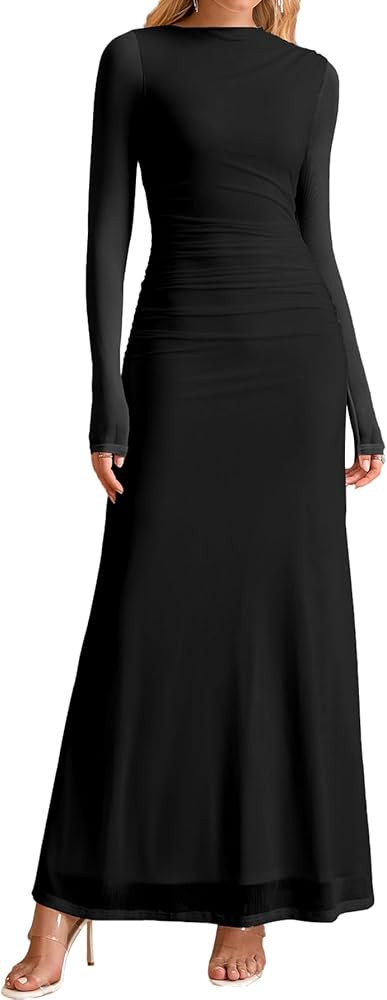 HTZMO Women Fall Long Sleeve Bodycon Floral Maxi Dress Ruched A Line Flowy Wedding Guest Formal P... | Amazon (US)